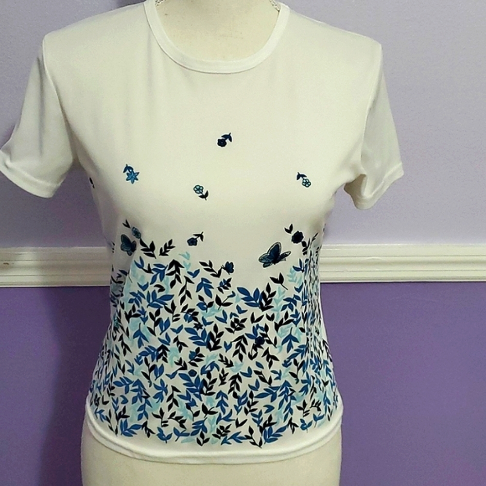 CC Collection Retro 90s White Butterflies Floral Fitted Jersey Crop Top S